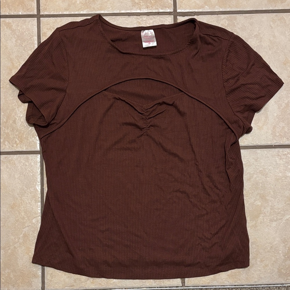 Brown Ribbed Short Sleeve  Top